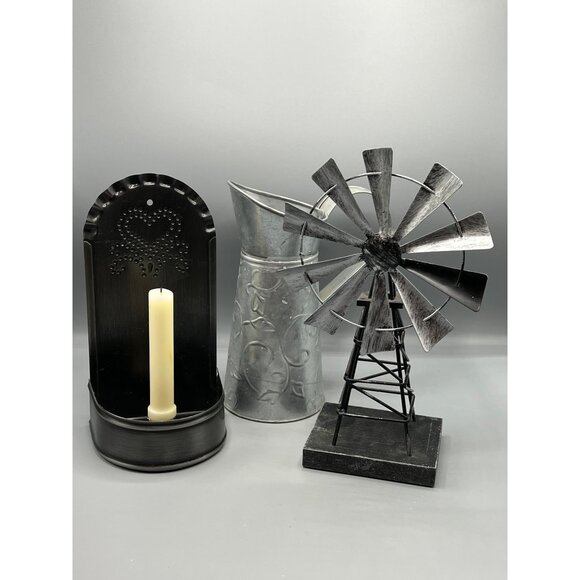 3 Metal Midwest Country Decor Tin Punch Candle Holder Galvanize Pitcher Windmill - Picture 13 of 16